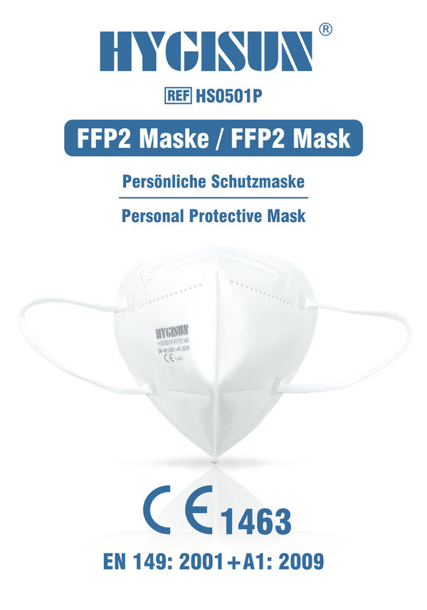 20 Stück Hygisun FFP2 Atemschutzmasken mit Nasenbügel CE1463 Weiß