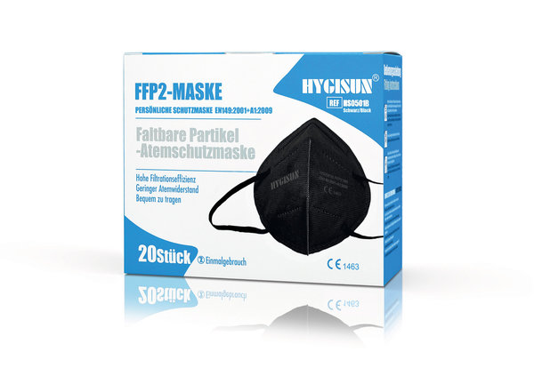 20 Stück Hygisun FFP2 Atemschutzmasken mit Nasenbügel CE1463 Schwarz