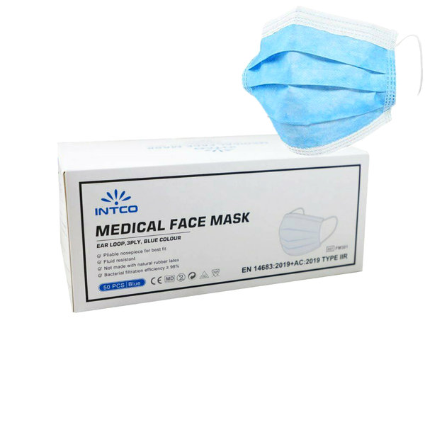 50 Stück INTCO Medizinische Gesichtsmaske OP Typ IIR Blau