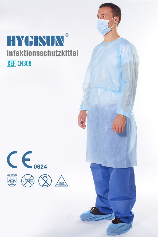10 Stück HYGISUN Infektionsschutzkittel mit Bindeband Blau Gr. M-XL