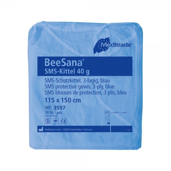 10 Stück Meditrade BeeSana SMS Kittel 40 g extrastarker Schutz gegen Flüssigkeiten Unsteril Blau